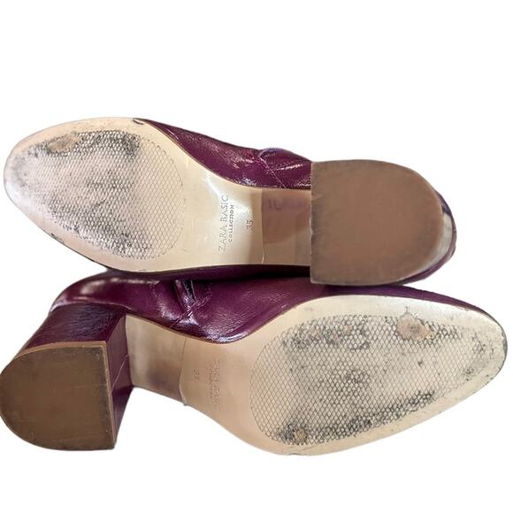 Zara Basic Burgundy Leather Ankle Boots Block Heel Size 35 / US 5 - Picture 3 of 6